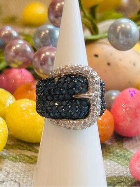 925 Sterling Silver Blue Sapphire and Pave Crystal Buckle Ring /Shimmering Sz. 5